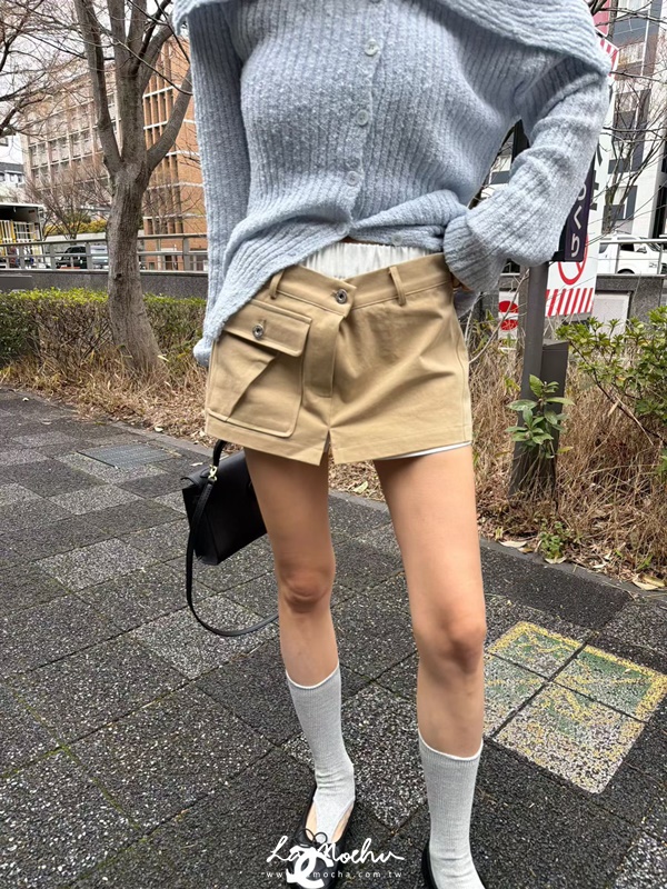 腰拼色兩扣單口袋褲裙